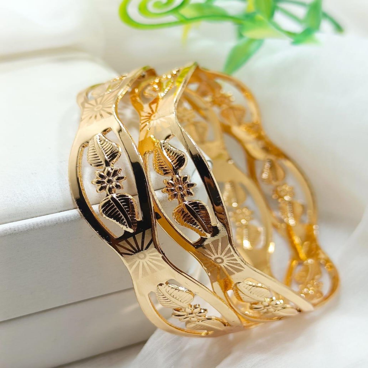 Exquisite Floral Gold-Toned Openwork Bangles 2 Piece Set for Girls/Women