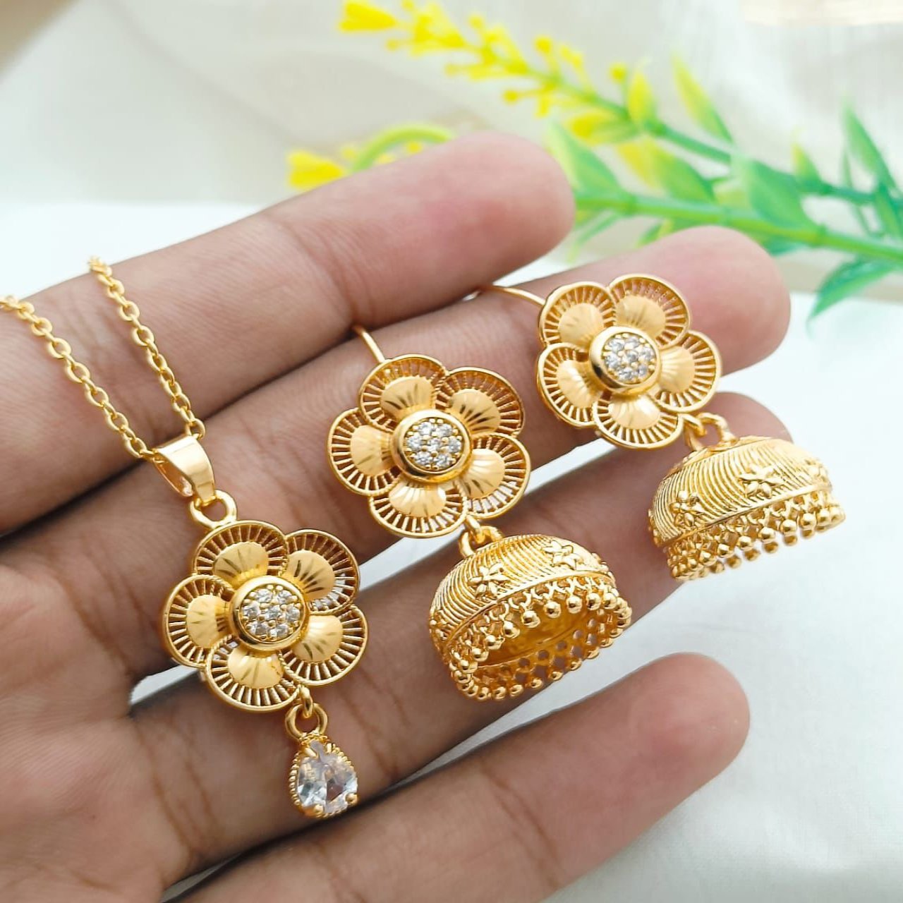 Floral Gold-Tone Pendant Locket Set with Necklace and Earrings