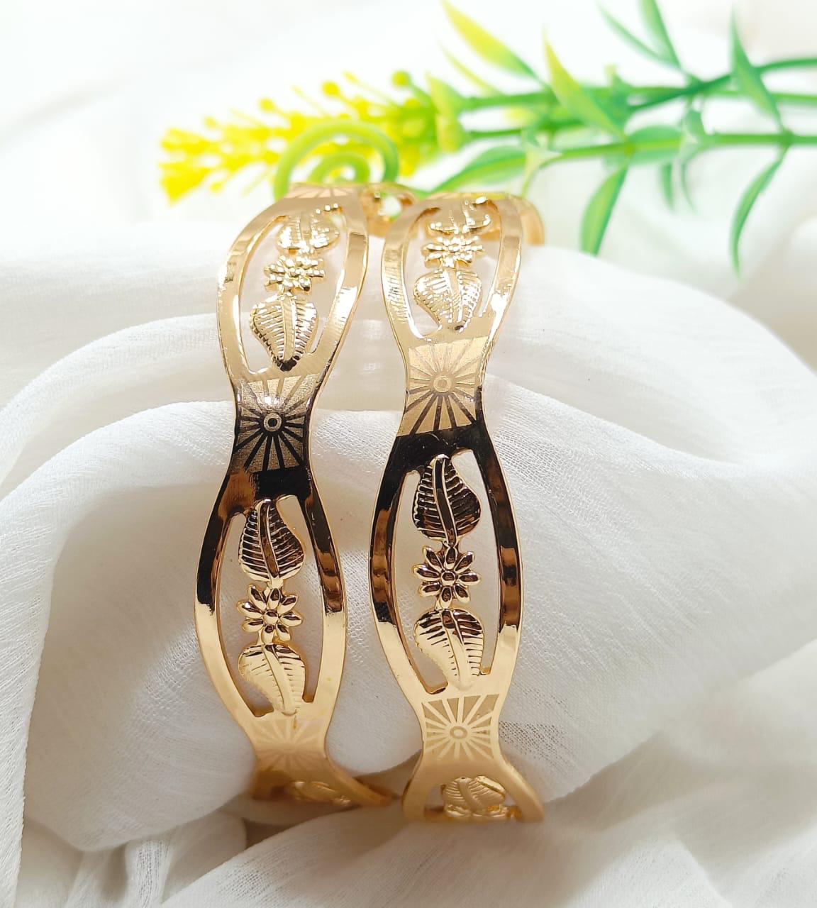 Exquisite Floral Gold-Toned Openwork Bangles 2 Piece Set for Girls/Women