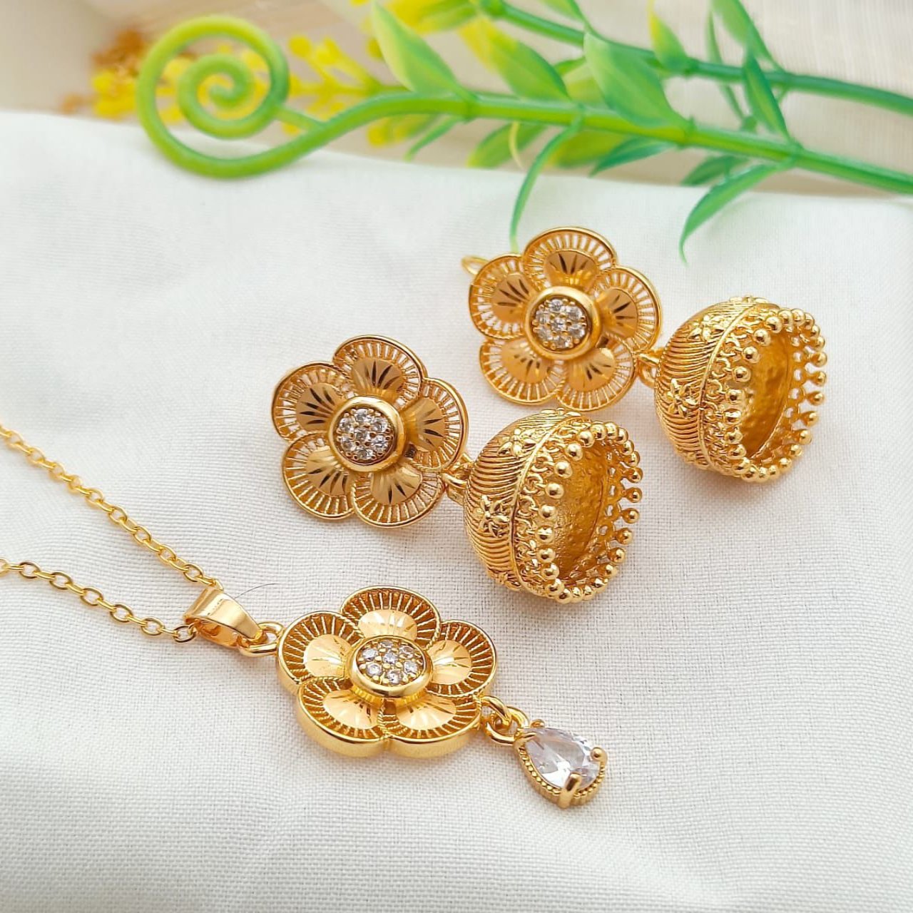 Floral Gold-Tone Pendant Locket Set with Necklace and Earrings