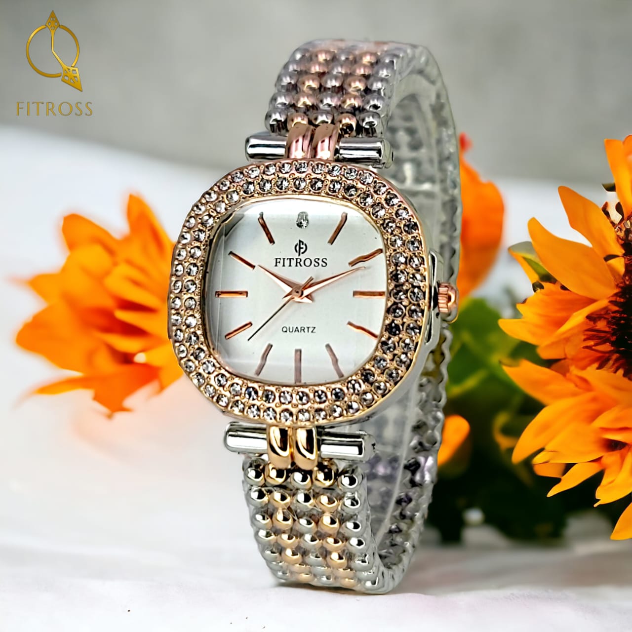 Fitross Branded Luxury Ladies Watch – Elegant Gold Two-Tone Chain with Crystal Accents