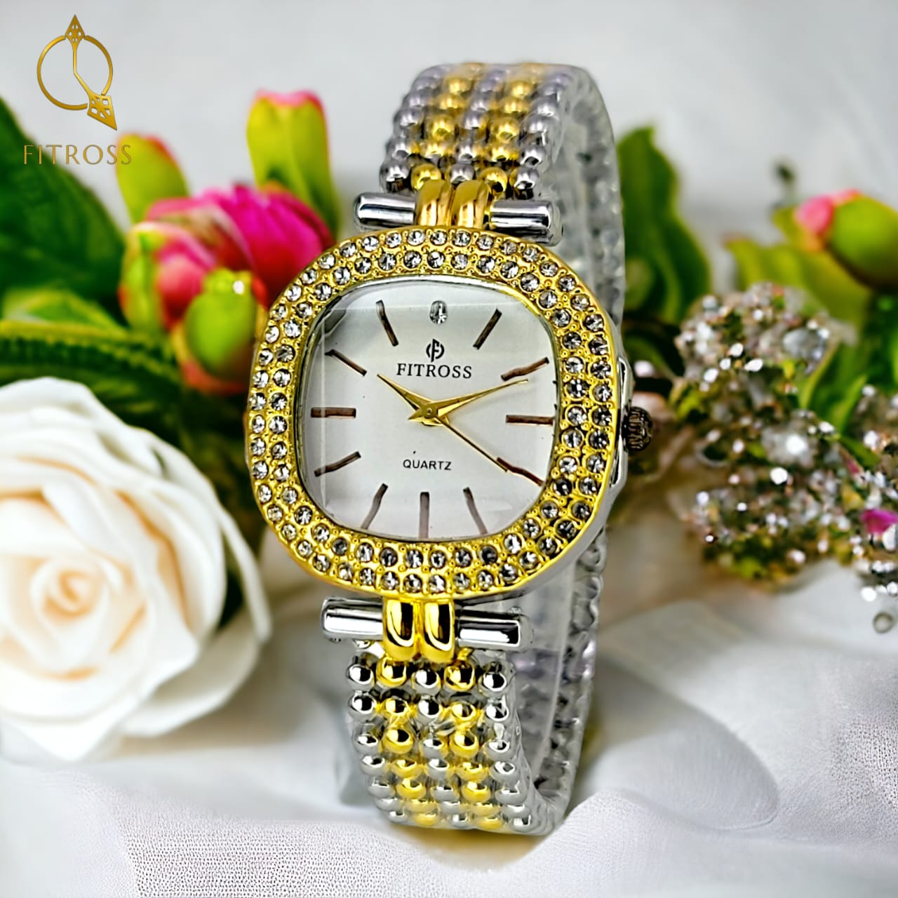 Fitross Branded Luxury Ladies Watch – Elegant Gold Two-Tone Chain with Crystal Accents