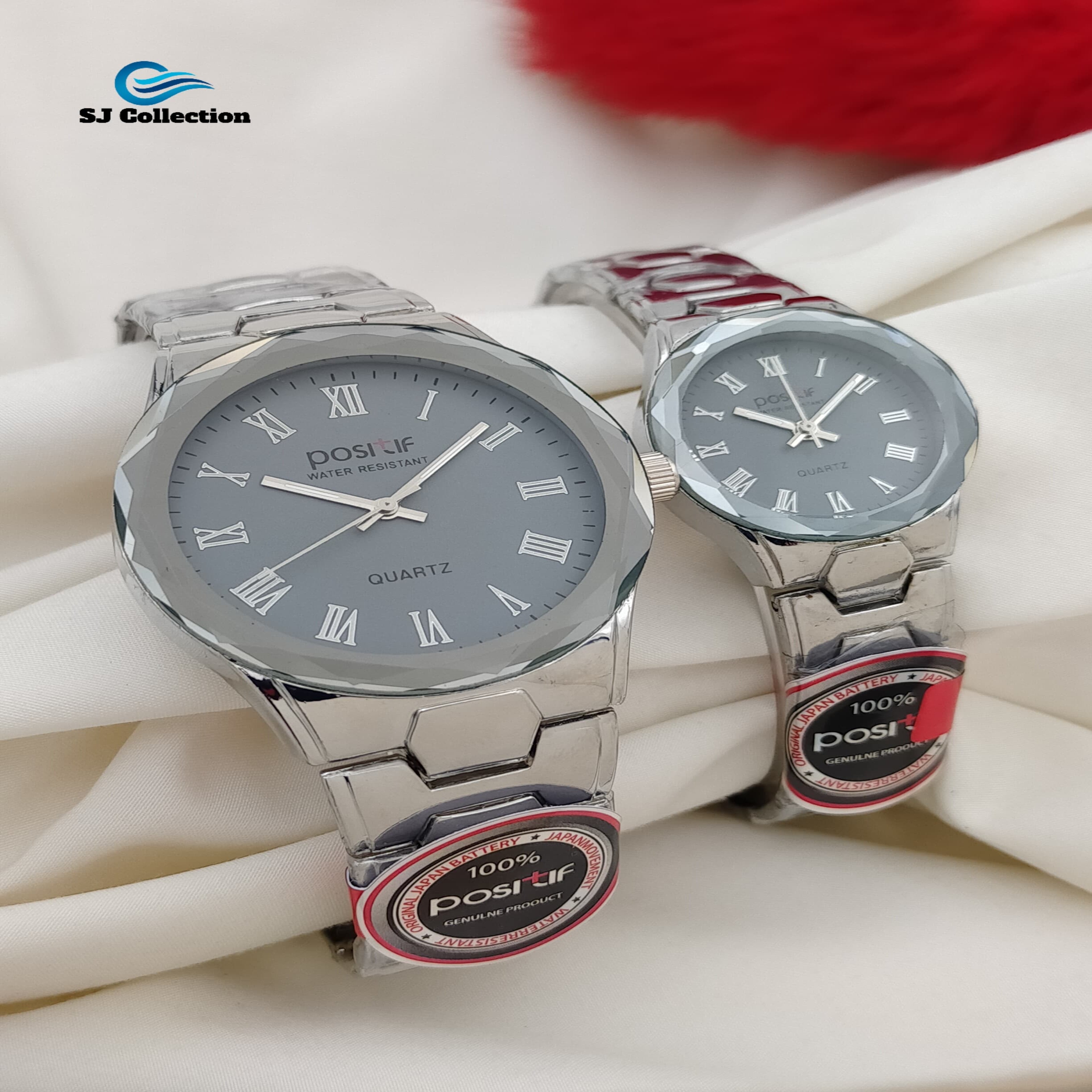 Positif Elegant Couple Watch Set with Silver Chain and White & Gray Dial