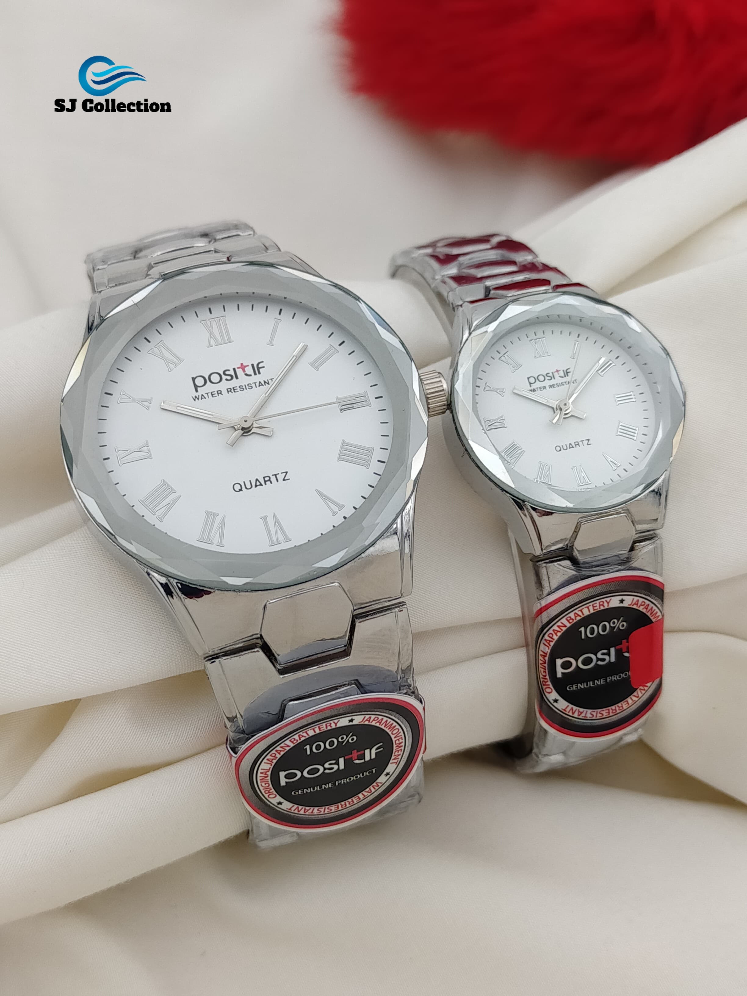 Positif Elegant Couple Watch Set with Silver Chain and White & Gray Dial