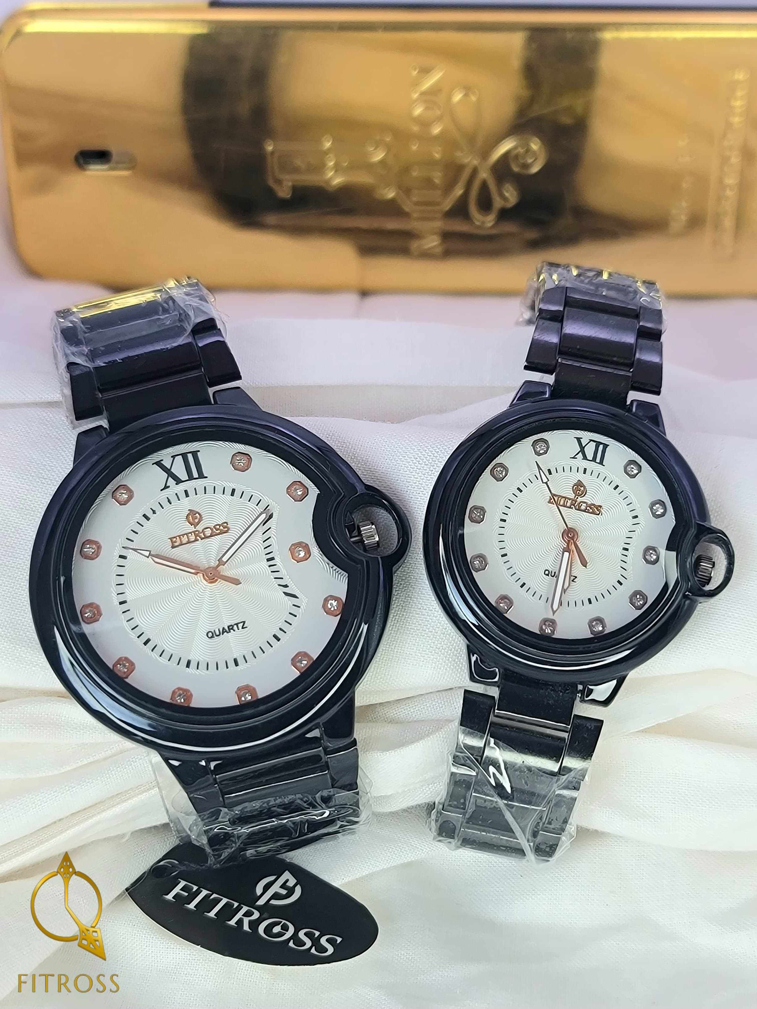 FITROSS Brand Beautiful Luxury Black and white Dial Couple Watches with ring design on screw